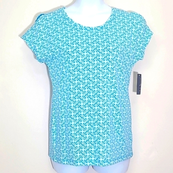 T-shirt Top Cold shoulder short sleeve turquoise blue geometric cross print NEW - Picture 1 of 7